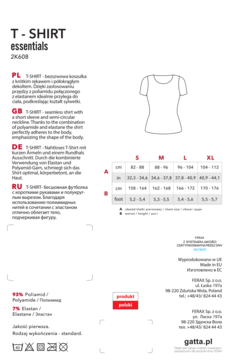 Czarny, bezszwowy damski T-shirt z krótkim rękawem, dopasowany, z półokrągłym dekoltem, techniczny rysunek z przodu.