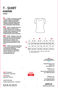 Biała etykieta Gatta T-SHIRT essentials, rysunek koszulki, rozmiary S-XL i skład: poliamid, elastan.