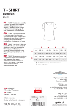 Czarna, bezszwowa damska koszulka T-shirt z krótkim rękawem i okrągłym dekoltem, widok z przodu.