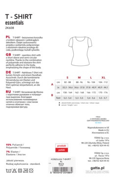 Karta produktu: Czarny, bezszwowy T-shirt damski z krótkim rękawem i półokrągłym dekoltem. Schematyczny rysunek i tabela rozmiarów.