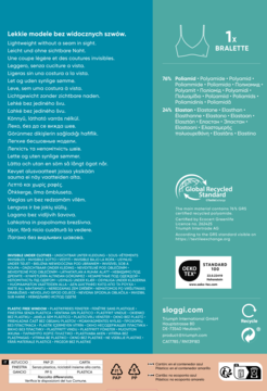 Turkusowa etykieta bezszwowej braletki sloggi 1€, z detalami o składzie (poliamid, elastan) i certyfikatach.