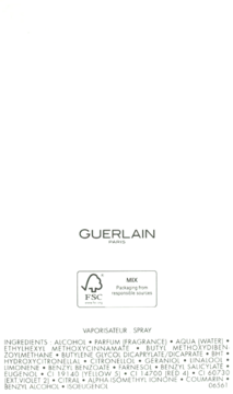 Tył białego opakowania perfum Guerlain z czarnym logo, symbolem FSC i pełną listą składników.