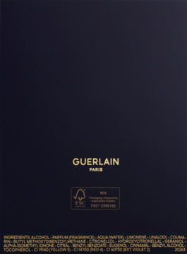Tył granatowego opakowania perfum Shalimar Guerlain, ze złotym logo, certyfikatem FSC i składnikami.
