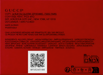 Czerwony tył opakowania perfum Gucci Rush z białymi napisami: lista składników, adresy, kod QR i piktogramy.