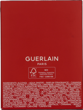 Tył czerwonego opakowania Guerlain Habit Rouge, widoczna lista składników, logo FSC i napis 'PARIS'.