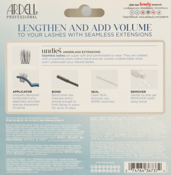 Opakowanie Ardell Seamless Underlash Extensions, tył z instrukcjami użycia i opisem zestawu.