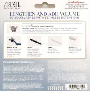 Tył opakowania Ardell Seamless Underlash Extensions z instrukcjami użycia: aplikator, klej, utrwalacz, usuwacz.
