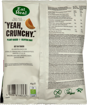 Tył białej torebki Eat Real, chrupiących chipsów z ciecierzycy, smak pomidor-bazylia, wegańskie, z danymi żywieniowymi.