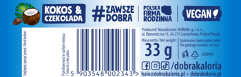 Tył opakowania batonu Dobra Kaloria Kokos & Czekolada, z kodem kreskowym, wagą 33g i napisem VEGAN.
