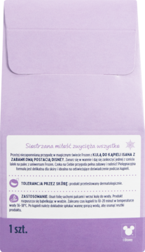 Tył fioletowego opakowania kuli do kąpieli Isana Kids Frozen z instrukcjami i logo Disneya.
