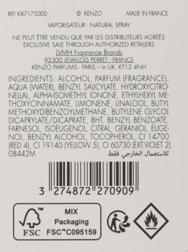 Tył etykiety Kenzo Jeu d'Amour wody perfumowanej, ze składem, kodem kreskowym i symbolami certyfikacji.