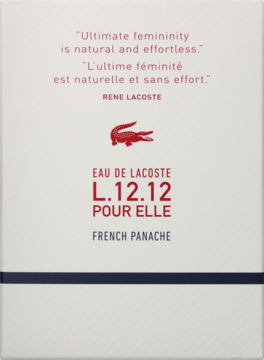 Kremowe pudełko perfum Lacoste L.12.12 Pour Elle French Panache z czerwonym logo krokodyla, widok z przodu.