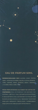 Tył opakowania Galacticum Marceliny Zawadzkiej Eau de Parfum 50ml, granatowe z kosmicznym wzorem i składem.