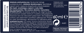 Tył ciemnoniebieskiego opakowania wegańskiego antyperspirantu 60ml z miętą. Biały tekst, skład, kod kreskowy.