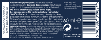 Tył opakowania niebieskiego wegańskiego dezodorantu z miętą 60ml. Widoczne składniki, użycie i kod kreskowy.