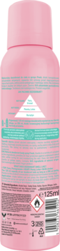 Tył różowego dezodorantu Start Your Active Day, 125ml, z informacjami o 96% naturalnych składnikach i braku soli aluminium.