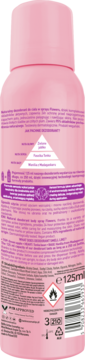 Tył różowego dezodorantu w aerozolu beBIO Flowers, z czytelnymi napisami, symbolami i pojemnością 125ml.