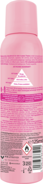 Różowy dezodorant beBIO Start Your Active Day Tropical, tył opakowania z widocznym tekstem i kodem kreskowym, 125ml.