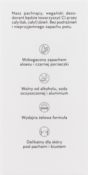 Obraz: Wypunktowane cechy dezodorantu Your Kaya Aloes i Czarna Porzeczka: wegański, żelowy, bez aluminium i alkoholu.