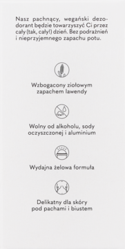 Infografika Your Kaya Lawenda: dezodorant wegański, bez aluminium, alkoholu, z zapachem lawendy i ikonami.