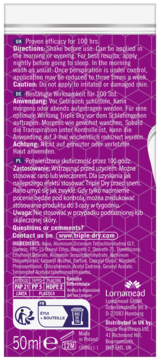 Tył fioletowego opakowania antyperspirantu Triple Dry Fresh 50ml, z instrukcjami w języku angielskim, niemieckim i polskim, oraz listą składników.
