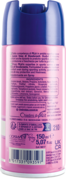 Tył różowego dezodorantu Fila Dry Touch w sprayu, widoczne składniki, pojemność 150ml i kod kreskowy.
