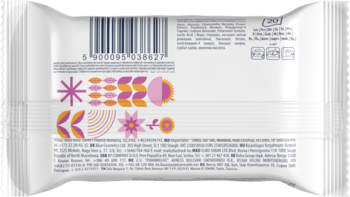 Tył białego opakowania chusteczek intymnych Cleanic Soft ULTRA. Widoczne wzory i kod kreskowy, produkt spłukiwalny.