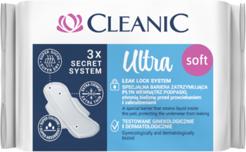 Cleanic Ultra Soft ultra cienkie podpaski na noc z Leak Lock, białe opakowanie z niebiesko-różowym designem, przód.