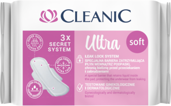 Cleanic Ultra Soft ultra cienkie podpaski na dzień, biało-różowe opakowanie z 'Leak Lock System', widok z przodu.