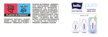 Bella Perfecta Pure night breathable ultra pads; diagram z rozmiarem nocnym podkreślonym. Znak "Plastic In Product".