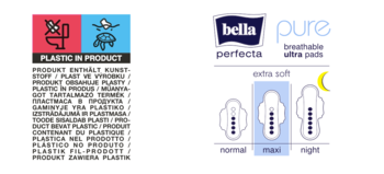 Grafika podpasek Bella Perfecta Pure: typy normal, maxi, night, z wyróżnioną maxi extra soft. Widoczna ikona 'Plastic in Product'.