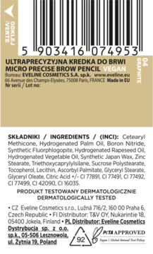 Tył opakowania Eveline Micro Precise Brow Pencil Graphite z kodem kreskowym, listą składników INCI, i oznaczeniem Vegan.