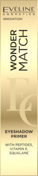 Eveline Wonder Match Eyeshadow Primer, złota butelka z peptydami i witaminą E, widok z przodu.