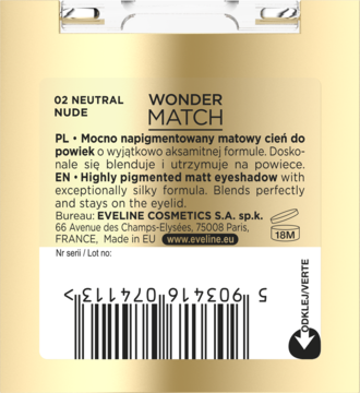 Tył opakowania Eveline Wonder Match 02 Neutral Nude, z opisem EN: Highly pigmented matt eyeshadow.