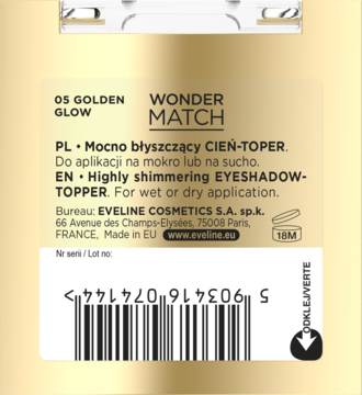 Tył opakowania Eveline Wonder Match Golden Glow, błyszczący cień-toper, z opisem PL/EN i kodem kreskowym.