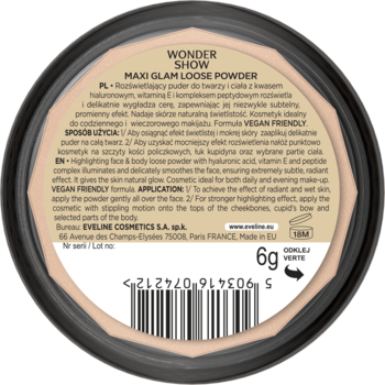 Tył czarnego opakowania rozświetlającego pudru Wonder Show Maxi Glam Loose Powder 6g z etykietą i opisem.