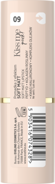 Tylna strona opakowania szminki Eveline Kiss Me Quick! Soft Matt w kolorze nude, z numerem 09 i informacjami.