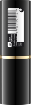 Nawilżająca pomadka Aqua Platinum 601 w czarnej tubce ze złotym paskiem, widok z boku z etykietą produktu.