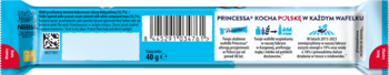 Tył opakowania Princessa Longa kokosowa, wafla 40g. Biało-niebieska etykieta z kodem kreskowym i QR.