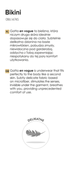 Bikini Gatta en vogue: karta informacyjna produktu, tekst PL/EN, z grafiką piórka i napisem DELIKATNE.