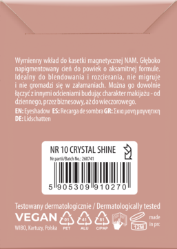 Tył kartonowego opakowania wymiennego cienia do powiek NAM Crystal Shine, z opisami i kodem kreskowym.