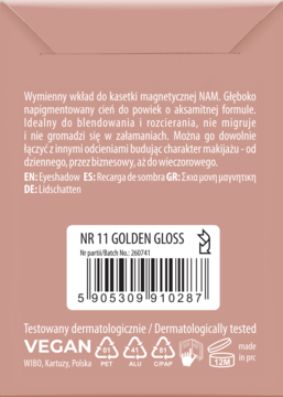 Tył opakowania wymiennego cienia NAM nr 11 Golden Gloss. Opis aksamitnego, wegańskiego cienia do powiek i kod.