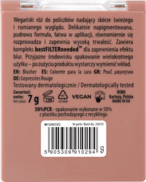 Tył wegańskiego różu NAM Touch of Color 04 Sunkissed, etykieta z opisem, 7g i 50% recyklingu.