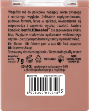 Tył opakowania różu NAM Touch of Color Berry Pink. Widoczne szczegóły: waga 7g, skład, wegański, kod kreskowy.