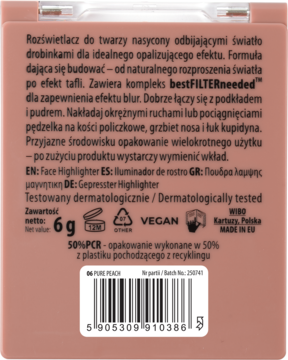 Tył wegańskiego rozświetlacza NAM 06 Pure Peach, opakowanie z 50% PCR, widoczne napisy i kod kreskowy.