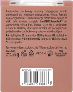 Tył brzoskwiniowego rozświetlacza NAM 06 Pure Peach, z polskim opisem, kodem kreskowym i ikoną vegan.