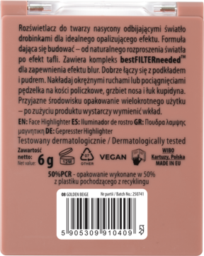 Tył beżowego rozświetlacza do twarzy NAM, 6g, z opisem po polsku, angielsku, kodem kreskowym, logo Vegan.