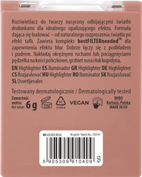 Tył opakowania rozświetlacza NAM Golden Beige, 6g, z polskim opisem, kodem kreskowym i oznaczeniem wegan.
