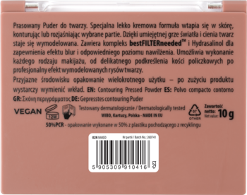 Tył różowego opakowania pudru konturującego NAM 02N, z tekstem o formule, składzie i recyklingu.