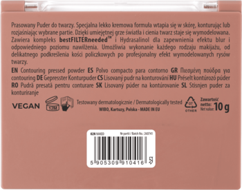 Tył jasnobrązowego, wegańskiego pudru do konturowania NAM (10g) z etykietami i kodem kreskowym.